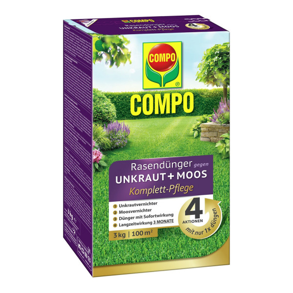 COMPO Rasendünger gegen Unkraut + Moos Komplettpflege 3 kg / 100 m² Schachtel